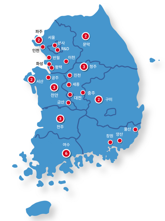 에어리퀴드코리아 공급 네트워크 지도, 전국 가스 사업장 현황